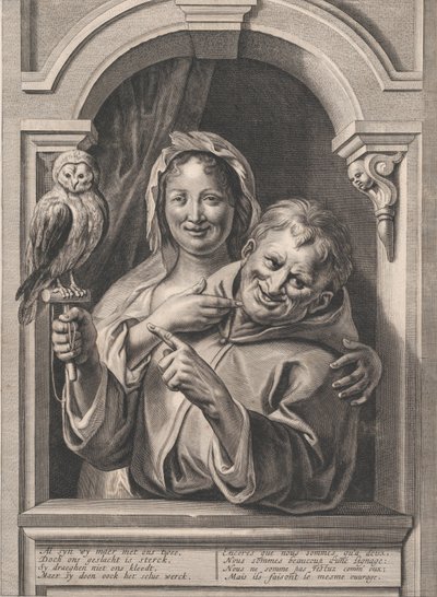 Blázen se sovou a žena u okna, 17. století. od Pieter de Jode II