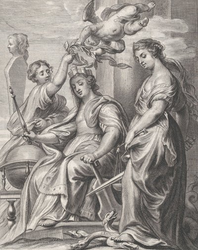 Alegorie dobré vlády, sedící uprostřed a korunovaný puttem a wo..., ca. 1640-74. od Pieter de Jode II