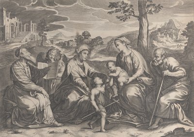 Svatá rodina vpravo, s nemluvnětem svatým Janem Křtitelem, Alžbětou, Zachariášem,..., 1631-37. od Pieter de Jode II