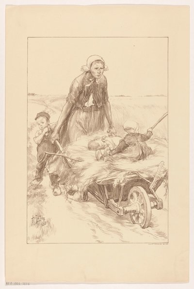 Farmářka tlačí trakař se senem a dvěma dětmi od Pieter de Josselin