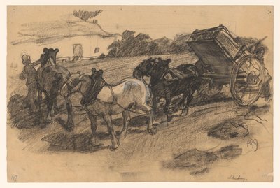 Uzda tří koní pro vůz na svažité zemědělské půdě v Limburgu od Pieter de Josselin