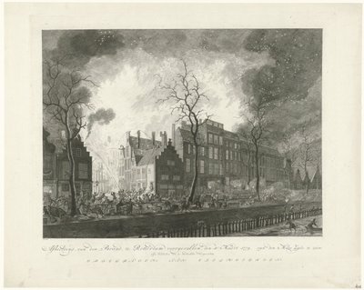 Požár v Pottery Alley v Rotterdamu, 1779 Obrázek, van den Brand, se objevil v Rotterdamu, 11. Březen 1779. van den Maas Silk na displeji (název na objektu) od Pieter de Mare