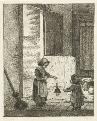 Dvě dívky si hrají s panenkou od Pieter de Mare