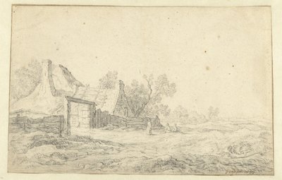 Dunová krajina se třemi postavami před farmou od Pieter de Neyn