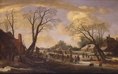 Zimní říční krajina s rolníky a koňmi taženými saněmi od Pieter the Elder Molyn