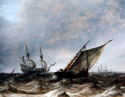 Smalschip a válečný muž v rozbouřených mořích (olej na panelu) od Pieter the Elder Mulier