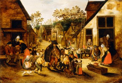 Slepý hráč Hurdy-Gurdy obklopený dětmi ve vesnici, kolem roku 1610 od Pieter Brueghel the Younger