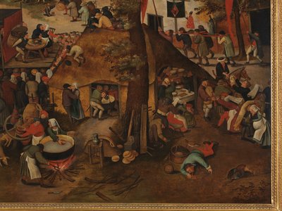 Vesnická slavnost s divadelním představením a průvodem na počest sv. Huberta a sv. Antonína od Pieter Brueghel the Younger