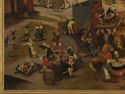 Vesnická slavnost s divadelním představením a průvodem na počest sv. Huberta a sv. Antonína od Pieter Brueghel the Younger