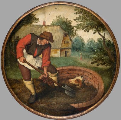 Je příliš pozdě na zaplnění studny poté, co se tele utopí, kolem 1594 (olej na panelu) od Pieter the Younger Brueghel