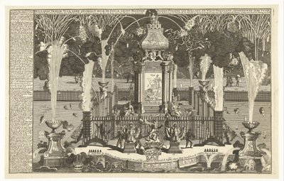 Ohňostroj na počest míru v Utrechtu, 1713 Holandský mírový ohňostroj vztyčený noble Groot Mogende Heeren ve státech Holandsko a Západní Frísko, odpálený v řece do Haagu (...) (název na objekt) od Pieter van Buysen jr.