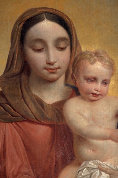Vnitřní pohled, obraz "Naší Paní s dítětem s růžencem", oltářní obraz na hlavním oltáři od P. Van Hanselaere od Pieter van Hanselaere