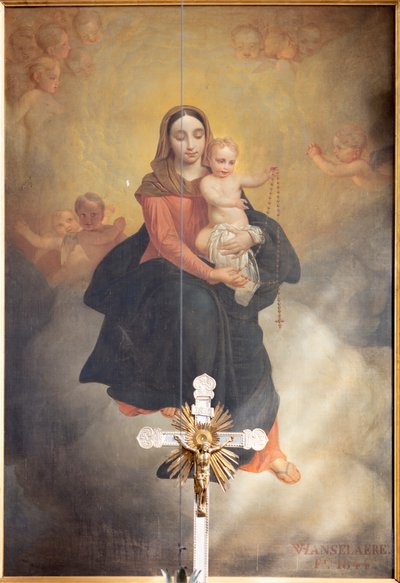 Vnitřní pohled, obraz „Naše Paní s dítětem s růžencem“, oltářní obraz na hlavním oltáři od Pierra Van Hanselaere od Pieter van Hanselaere