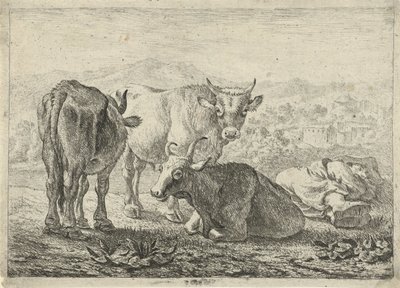 Německy: Drei Rinder und ein schlafender Hirte
francouzsky: Les boeufs
Tři kusy dobytka a spící pastýř od Pieter van Laer