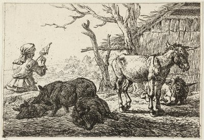 Prasata a osli ve stáji, vlevo přadlena. od Pieter van Laer