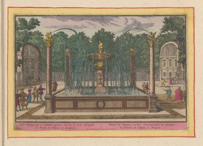 Výtažek z fontány z trnu v zahradách královského paláce v Aranjuez Fontána Harpyen a Toonpluysertjen v Aranjues (název na objektu) Theatrum Hispaniae (...) (název série) od Pieter van den Berge