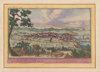 Pohled na město Barcelona Barcelona, ​​​​založená Kartaginensers ve Středozemním moři, v Katalánsku (...) (název na předmětu) Theatrum Hispaniae (...) (název série) od Pieter van den Berge