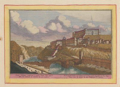 Pohled na Alcazar de Toledo Královský palác v Toledu; u mostu k vidění, ležící nad Tajem (název na objektu) Theatrum Hispaniae (...) (název série) od Pieter van den Berge