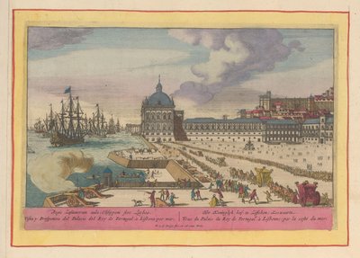Pohled na královský palác v Lisabonu a nádvoří s lidmi Královský dvůr v Lisabonu; Zeewaartz (název na objektu) Theatrum Hispaniae (...) (název série) od Pieter van den Berge