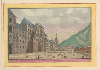 Pohled na nádvoří a fasádu Escorialu Vlastní klášter, na straně přední; stojící sám nedaleko od Madridu (název na objektu) Theatrum Hispaniae (...) (název série) od Pieter van den Berge