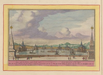 Velký rybník s loděmi v zahradách Palacio del Buen Retiro v Madridu Groote Waterplaats, v Retiro (název na objektu) Theatrum Hispaniae (...) (název série) od Pieter van den Berge