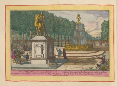 Jezdecká socha Filipa II v palácové zahradě v Madridu Filip II na koni, v zahradě paláce v Madridu (název na objektu) Theatrum Hispaniae (...) (název série) od Pieter van den Berge
