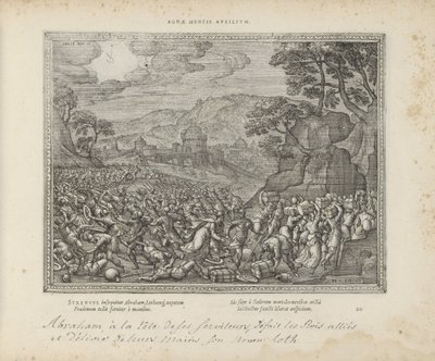 Abraham bevrijdt Lot Pomoc dobré mysli (název na předmětu) Posvátné emblémy a hlavní historie obou zákonů (Oude Testament) (název série) Obrázky a figurky knih (název série) od Pieter van der Borcht (I)