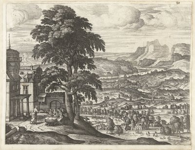 Abraham krmí tři anděly Krajiny s příběhem Abrahama (název série) od Pieter van der Borcht (I)