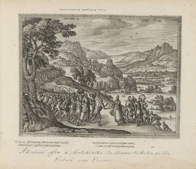 Abraham se setkal s Melchisedechem Spojení mírumilovných myslí (název na objektu) Posvátné emblémy a hlavní historie obou zákonů (Oude Testament) (název série) Obrázky a figurky knih (název série) od Pieter van der Borcht (I)