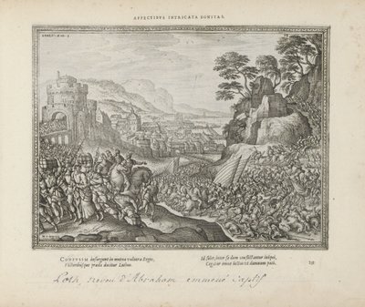 Lot wordt wegvoeder uit Sodom Náklonnost zapletená dobrota (titul na předmětu) Posvátné emblémy a hlavní historie obou zákonů (Oude Testament) (název série) Obrázky a figurky knih (název série) od Pieter van der Borcht (I)