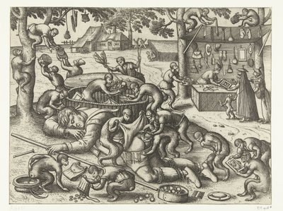 Spící kramář okraden opicemi Monkey game (název série) od Pieter van der Borcht (I)