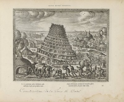 Toren van Babel Elusa mundi potenia (název na objektu) Posvátné emblémy a hlavní historie obou zákonů (Oude Testament) (název série) Obrázky a figurky knih (název série) od Pieter van der Borcht (I)