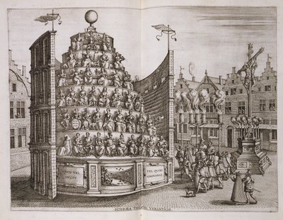 Ilustrace zobrazující pohyblivé divadlo z „historického vyprávění o odchodu a inauguraci...“ od Johannese Bochiuse, Plantin Press, 1602 od Pieter van der Borcht