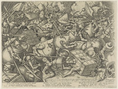 Bitva mezi pytli s penězi a truhlami s penězi Divitiae faciunt fures / Les Richesses font des larrons / Ryckdom maeckt thieves (název na objektu) od Pieter van der Heyden