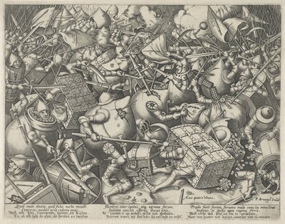 Bitva mezi pytli s penězi a truhlami s penězi od Pieter van der Heyden