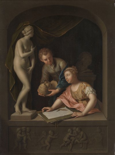Dívka kreslení a chlapec poblíž sochy Venuše Socha Venuše s kresbou dívky a chlapcem od Pieter van der Werff