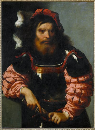 Bojovník ve zbroji, tasí meč (malba na plátně) od Pietro (1605-78) Della Vecchia