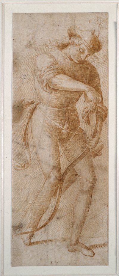 Mladý muž navléká luk (pero a hnědý inkoust na bílém papíře) od Pietro (follower of) Perugino
