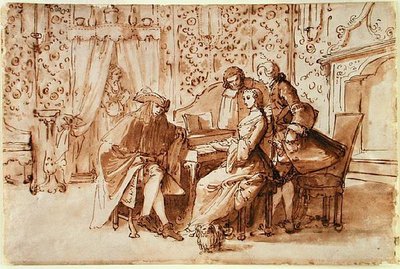 Hudební večírek (pero a hnědá barva přes černou křídu na papíře) od Pietro Antonio Novelli