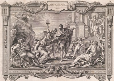 Annibale Carracci představuje malbu Apollónovi a Minervě, 1674. od Pietro Aquila