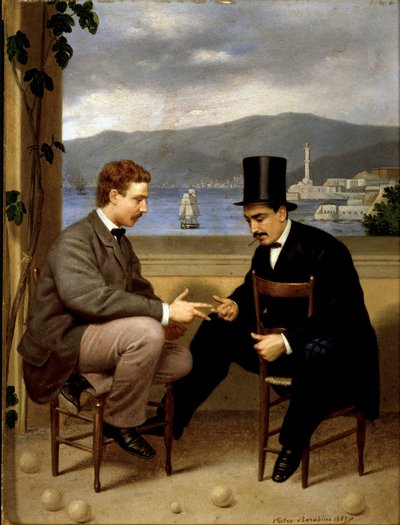 Dva hráči zemřít Hra italského původu „“morra“, muž v obleku s cylindrem a doutníkem má ústa v caliphourchonu na židli. Obraz Pietro Barabino (1822-1869) 1865 Ne. 25,5x19,5 cm Genes, Galleria d