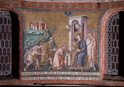 Klanění mozaikových králů apsidy Pietra Cavalliniho (aktivní kolem 1273-1330) konec 13. století (Klanění mágů, mozaika z apsidy od Pietra Cavalliniho, konec 13. století) Řím, kostel Santa Maria in Trastevere Itálie od Pietro Cavallini