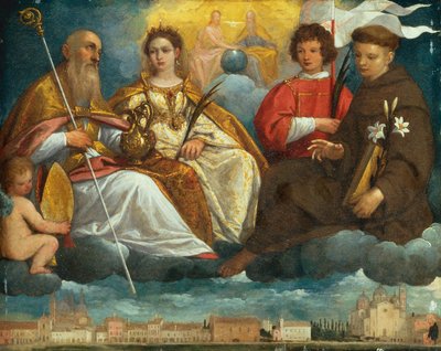 Svatý Prosdocimus, Justina, Daniel a Antonius Paduánský v slávě s výhledem na Prato Della Valle, Padova (olej na mědi od Pietro Damini