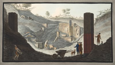 Rané vykopávky v Herculaneu, ve kterých byl sir William aktivní s podporou panovníků, z „Campi Phlegraei: Pozorování na sopkách dvou Sicílie“ od Williama Hamiltona, 1776 od Pietro Fabris