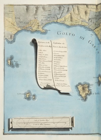 Mapa zálivu Gaeta z „Campi Phlegraei: Observations on the Volcanoes of the Two Sicilies“, od Sira Williama Hamiltona (1730-1803), vydaná 1776 (ručně kolorovaná rytina) od Pietro Fabris