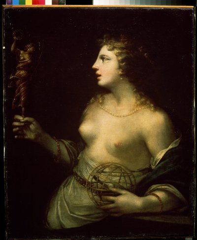 ""Urania"" (Urania) reprezentace ochranné múzy astronomie a astrologie, držící ruku na kouli. Obraz Pietra Liberiho (1614-1687) Muzeum umění Michaila Krošitského ze 17. století, Sevastopol (Sevastopol) Ukrajina od Pietro Liberi
