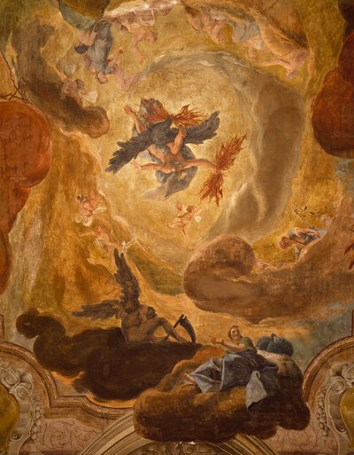 Itálie, Benátky, Velké schodiště v Palazzo Sagredo, pád obrů, freska od Pietra Longhiho od Pietro Longhi