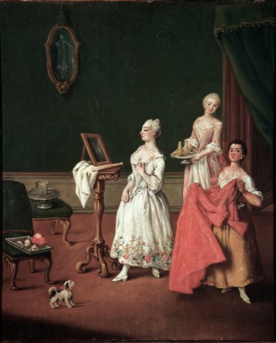 La toilette (Oblékání) Benátský aristokrat zadržený před svým zrcadlem pobočníka dvou sluhů - Obraz Pietra Longhiho (1701-1785) 1760 Rozměr 61x50 cm Benátky, Ca 