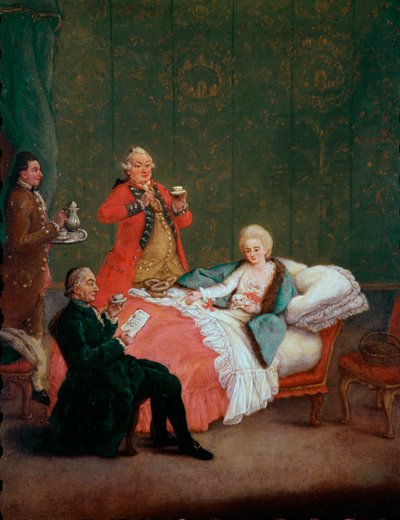 Ranní čokoládová mladá žena šlechty leží ve své posteli a obsluhují ji tři muži. Obraz Pietra Longhiho (1702-1785) 1775-1780. Ztlumit. 60x47 cm Ca 