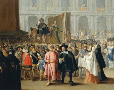 Reprezentace komiků během karnevalu na náměstí svatého Marka v Benátkách, ze školy Pietra Longhiho, detail od Pietro Longhi